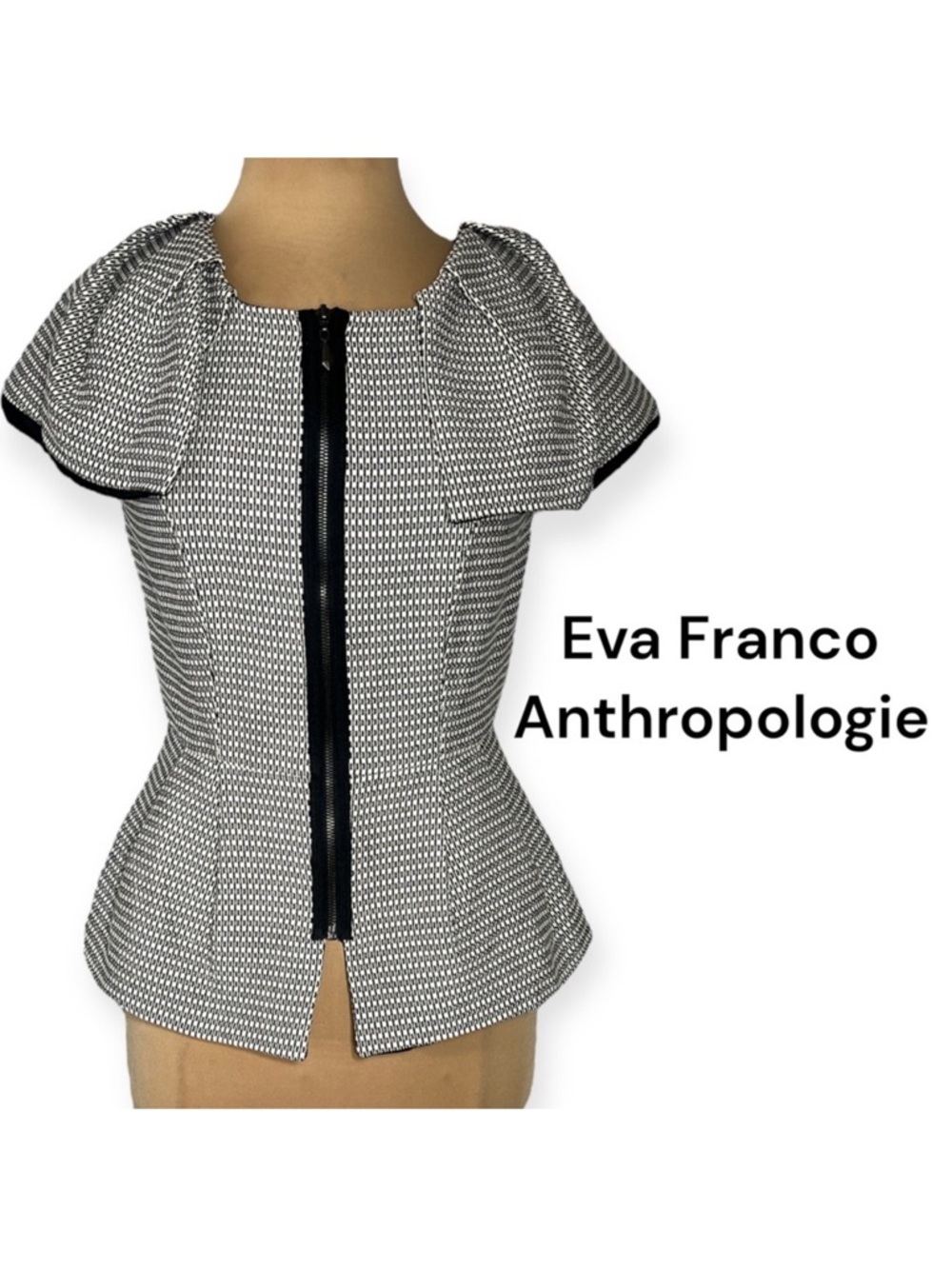 Anthropologie black and white puff sleeve peplum zip up top jacket by eva Franco